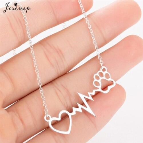 Jisensp Cute Heartbeat and Puppy Footprint Pendant Necklace Lovely Heart Stainless Steel Jewelry for Women Girls Party Gift