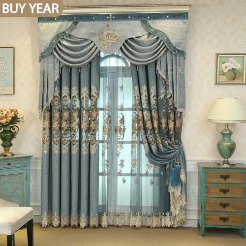 Classic Chinese Curtains for Living Dining Room Bedroom Floral Chenille Base Fabric Hollow Embroidered Curtains Valance Curtains