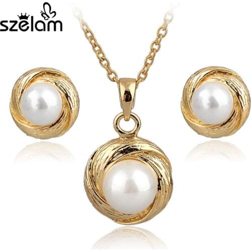 MELIHE 2019 Wedding Jewelry Sets For Brides Gold Set Simulated Pearl Stud Earrings Pendant Necklace Jewelry Set SET140033