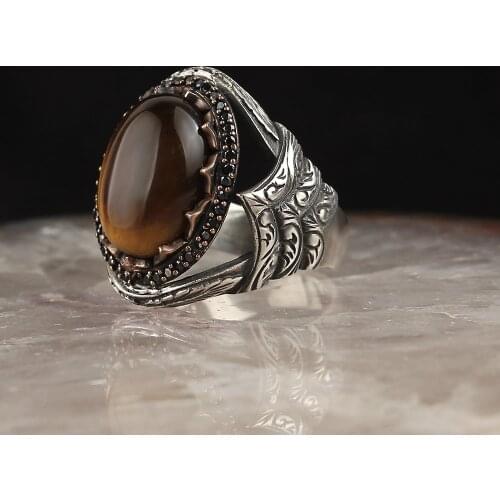 Tigers Eye Gemstone Pen İşçilikli 925 Sterling Silver Men 'S Ring