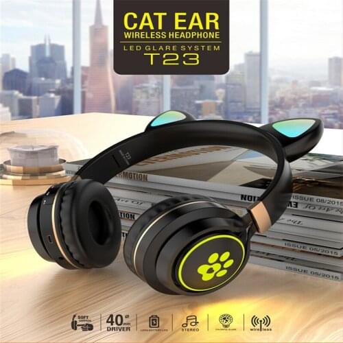 T23 LED Cute Cat Ears Headphones Bluetooth 5.0 Wireless Headset With Mic Stereo Music Earbud Music Gaming Earphone For Kids