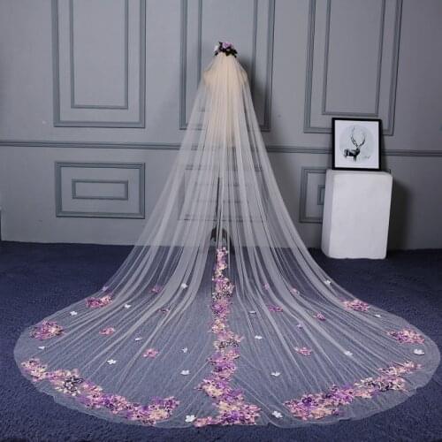 U-SWEAR New Arrival White Flora Lace Appliqued Women Wedding Veil 1 Layer Soft Cathedral Veil Bridal Veil For Wedding Dress
