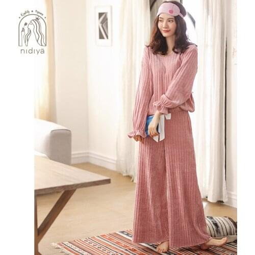 Korean Style Pajamas Women Autumn Long-Sleeved Snow Velvet Outside Princess Sleeve Fashion Wide-Leg Pants Winter Homewear