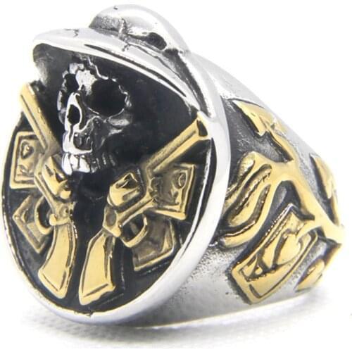 Support Dropship New Size 7-14 Huge Heavy Cool Skull Ring 316L Stainless Steel Fashion Double Guns Big Man Ring