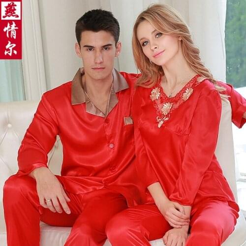Adult Silk Wedding Pajamas Mens Real Silk Sleepwear Mens Womens Large-size Household Homewear Long Sleeve Nightwear D-2160