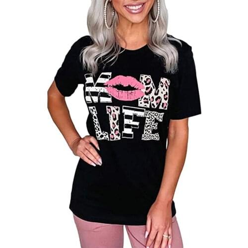 MOM LIfe Pink Lips Letter Print T Shirt Women Harajuku Shirt for Lady Round Neck Fashion Tee Shirt Female Casual Summer Top
