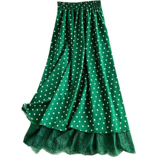 2021 New Spring Autumn Women Elastic High Waist Slim Long Skirt High Quality Lace Patchwork Hem Chic Dots Chiffon Skirt
