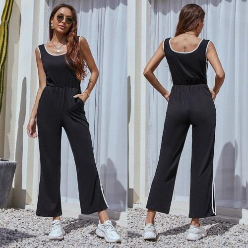 2021 Summer Black Solid Color Sleeveless Vest Type Casual Loose Trousers Jumpsuit Women Ladies Sexy Jumpsuits Fashion Elegance