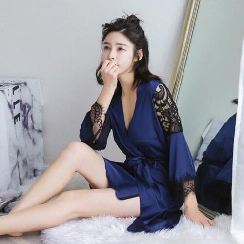 Women sleep sets sexy womens two piece robe & gown sets lace hollow out beauty female nighties bathrobe + nightdress padded bra