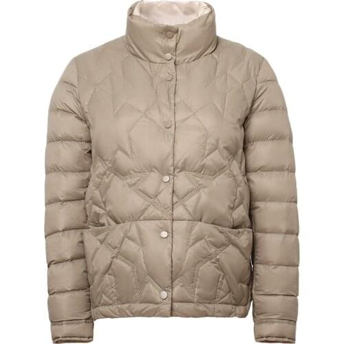Women Down Jacket 2021 Fashion Ladies Spring Outerwear Thin Light Stand Collar Female 90% White Duck Down Coat with Big Pockets