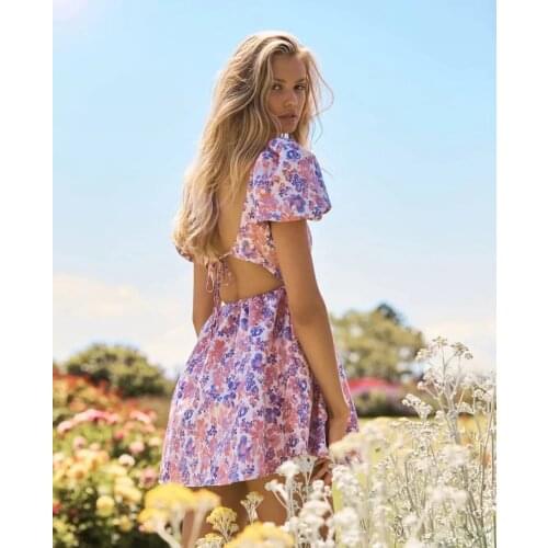 Womens Flower Printed Backless Mini Dress V-neck Lantern Sleeves Princess Dress Lacing Up Sexy Vestidos De Mujer Summer Robes