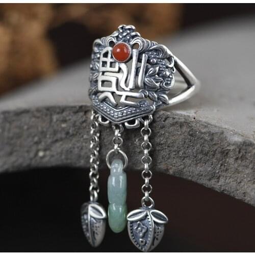BOCAI Real S925 pure silver retro blessing silver ring female temperament jade gourd tassel woman ring adjustable