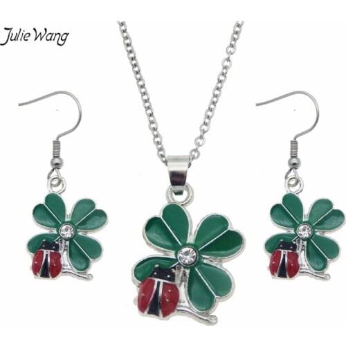 Julie Wang 1set Stainless Steel Pink Flamingo Earring Clover Ladybug Jewelry Set Fashion Necklace Women Party Wedding Gifts