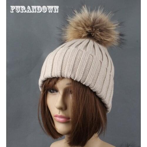 2019 Winter Autumn Women Knitted Hat Fur Pompom Beanie Cap gorros Natural Fur Po pom Hats For Men