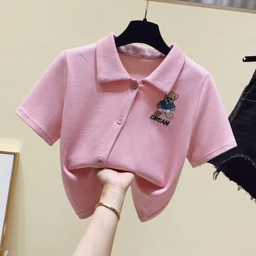 2021 summer new Little bear embroidery Slim short Sleeve T Shirts short Women Fashion Tum-down collar Woman T Shirts