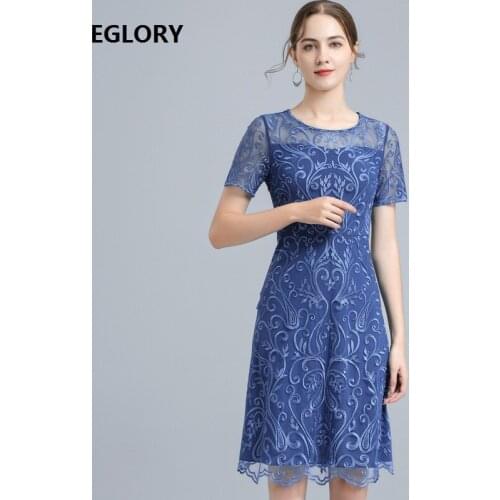 4XL Dress Vestidos De Festa 2021 Spring Summer Bride Mother Women O-Neck Allover Exquisite Embroidery Short Sleeve Blue Dress
