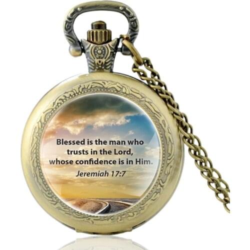 Vintage Bible Verse “Blessed Is The Man Who Trusts In The Lord” Quartz Pocket Watch Men Women Pendant Necklace Hours Clock