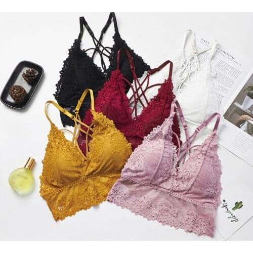 COCKCON Lace Womens Brassiere Wire Free Sexy Deep V Bralette Triangle Cup Spandex Strappy Bra Lingerie Triangle Underwear