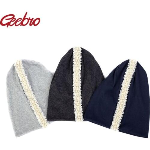 Geebro Women Pearl Lace Ribbon Hats And Caps Soft Autumn Winter Warm Cotton Casual Skullies Beanies Ladies Oversize Hat