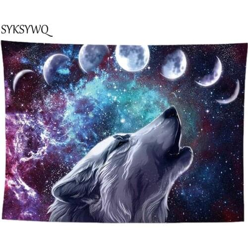 Wolf tapestry wall hanging starry space wall carpet trippy wall blanket bohemian decor beach blanket