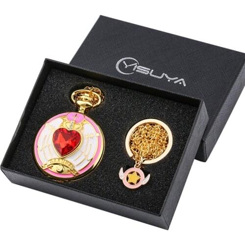 Hot Japanese Card Captor Sakuras Theme Quartz Pocket Watches Box Set Vintage Pendant Watch Gifts for Kids Girls Necklace Pendant