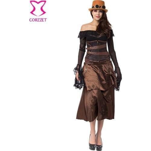 Brown Brocade Corsets And Bustiers Steampunk Couture Waist Trainer Steel Boned Underbust Corset Dress Sexy Gothic Clothing