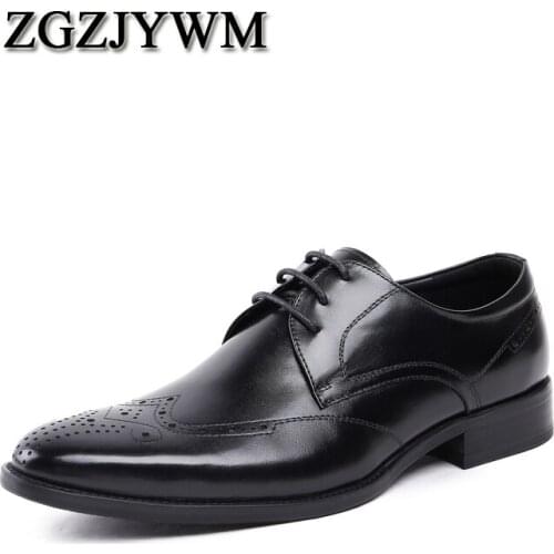 ZGZJYWM Fashion Men Oxford Black/Brown Lace-Up Pointed Toe Solid Office Genuine Leather Dress Size 38-44 Wedding Male Shoes