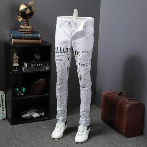 Fashion 2019 Korean Jeans Men Newspaper Print Jeans For Men Slim Fit Casual Denim Pants Men Streetwear Trousers Men Clothes