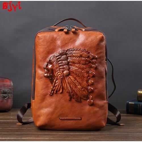 Genuine Leather Mens Backpack Vintage Leather Laptop Bag European and American Fashion Men Bag Multifunctional Travel Backpacks