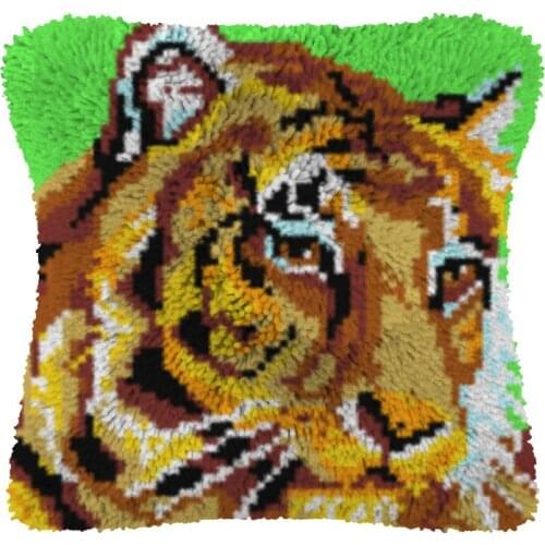 Latch Hook Kits Cushion Colorful Tiger Pre-Printed Canvas Crochet Pillow Case Latch Hook Cushion Cover Art & Crafts