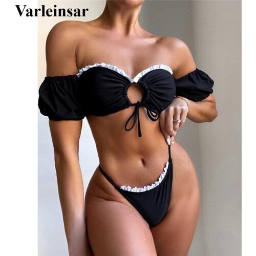 New Off Shoulder Frilled Ruffled Bikini Women Swimwear Female Swimsuit Two-pieces Bikini set Bather Bathing Suit Swim Lady V2756