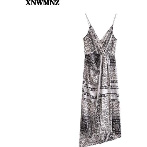 Women ZA printed strappy dress Woman surplice neck thin straps summer dresses Female retro sexy gathered side slit midi dress