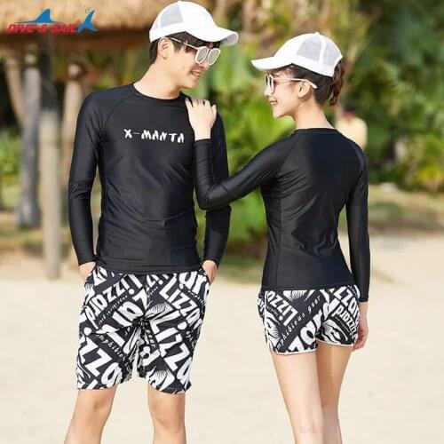 Matching Couple Rash Guards Long Sleeve T-Shirts and Trunks Swimsuit Sun Protection Rashguard Swimming Surfing Diving Suits