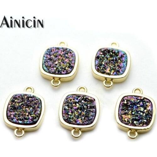 Natural Druzy Crystal Rainbow Plating Square Shape Connectors For Women Jewelry Making Findings 10pcs/lot