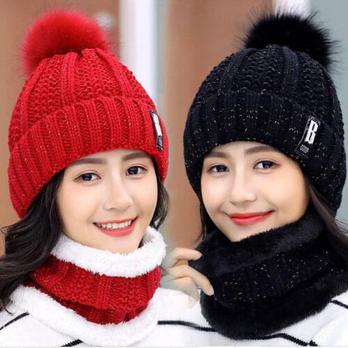 Winter Hat Womens Beanie Hats Thick Warm Skullies Winter Knitted Women Hat Letter Bonnet Beanie Cap Outdoor Riding Hat Scarf Set