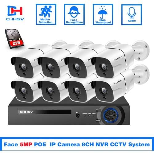 Face AI H.265 8CH 5MP HD POE NVR Kit CCTV Security System Two Way Audio AI IP Camera Outdoor P2P Video Surveillance Set 2TB HDD