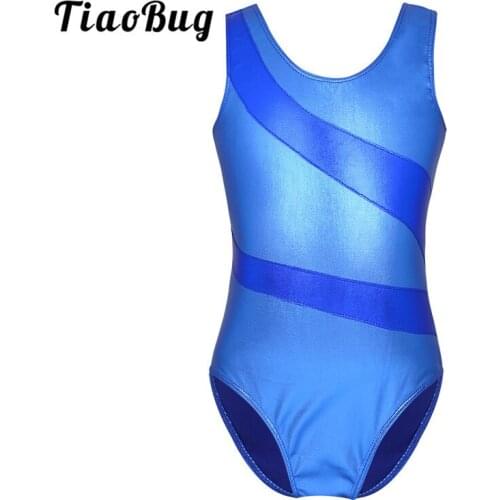 TiaoBug Children Girls Wide Striped Shiny Splice Ballet Leotards Professional Gymnastics Leotard Gym Bodysuit Kids Dance Costume