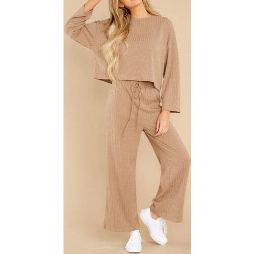 Ribbed Knitting Womens Suit Casual O-neck Long Sleeve Tops Woman Elastic Drawstring Wide Leg Pants Set Woman 2 pieces 2021