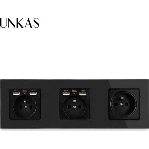 UNKAS 3 Gang Black French Standard Wall Socket With Dual USB Charging Port + 1 Gang French Socket 258*86mm Crystal Glass Panel