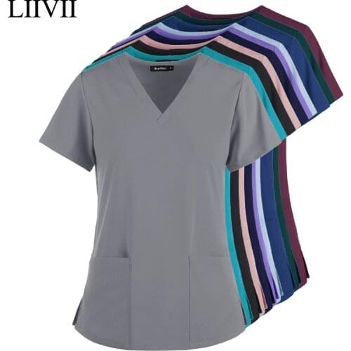 Summer Womens Short Sleeve V-Neck Pocket Care Workers T-Shirt Tops Summer Workwear Top Sexy Printed Nurse Uniform Clinic Blouse