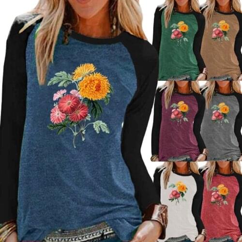 Women Clothing Raglan Long Sleevs Elegent Fashion Printing Graphic Tee Round Neck Loose Shirt Casual Tops Autumn and Winter
