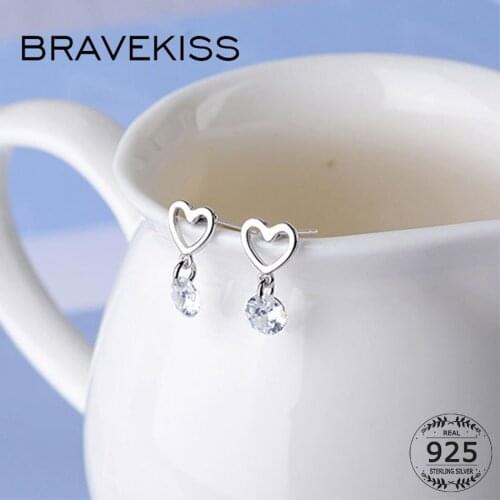 BRAVEKISS Hollow Heart 925 Sterling Silver Round CZ Drop Earrings for Women Korean Luxury Fashion Zirconia Jewelry 2019 BLE0649