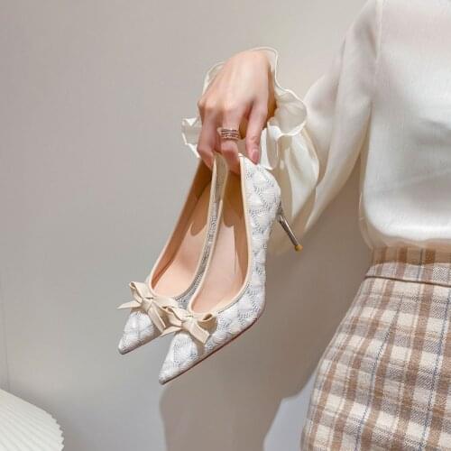 Pointed Plaid Bow Stiletto Heel Womens High Heels 2021 New Korean Style Assorted Colors Slip on Feet Commuter Shoes