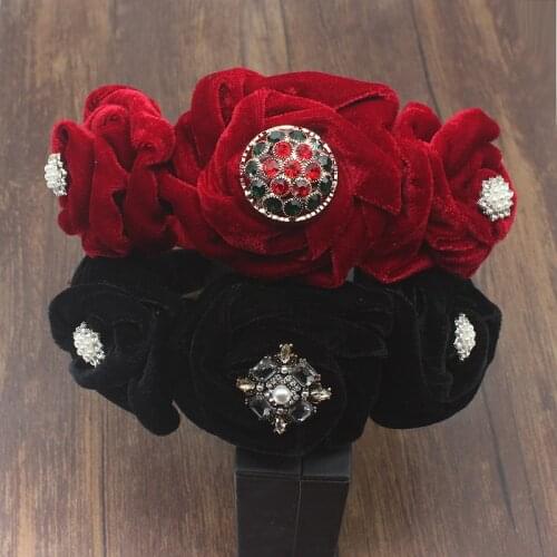 Elegant Velver Headband Women Crown Red Black crystal big Flower Thick Head Band Party Wedding Female hair Accessories Winter