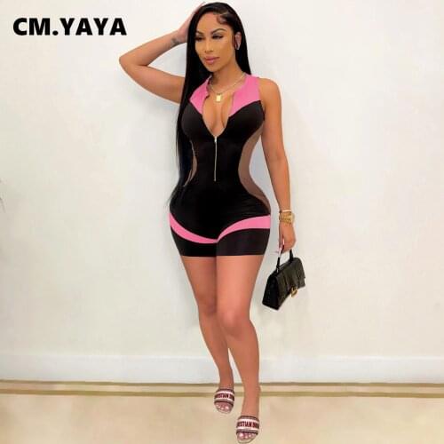 CM.YAYA Sport Yoga Mesh Patchwork Zipper Womens Playsuit Summer Moto Biker Style Zipper Up Sleeveless Romper Overalls