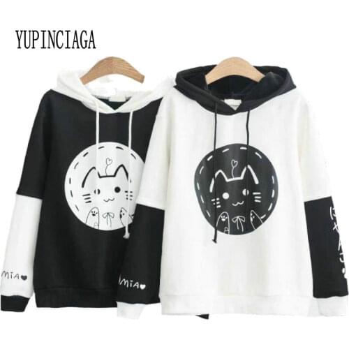 Women Hit Color Patchwork Hooded Sweatshirt Tracksuit 2020 Spring New Long Sleeve Girl Cartoon Cat Print Casual Pullovers