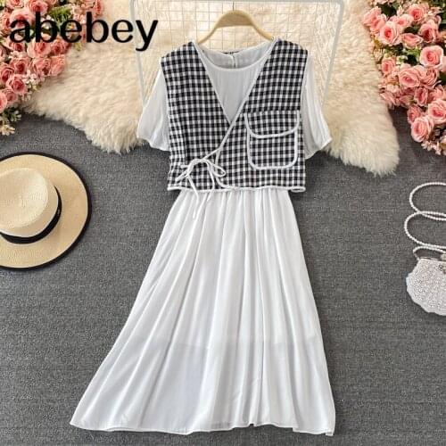 2021 New Summer Vintage versatile V-neck Plaid Vest Top + O-neck puff sleeve high waist Pleated Dress two piece set