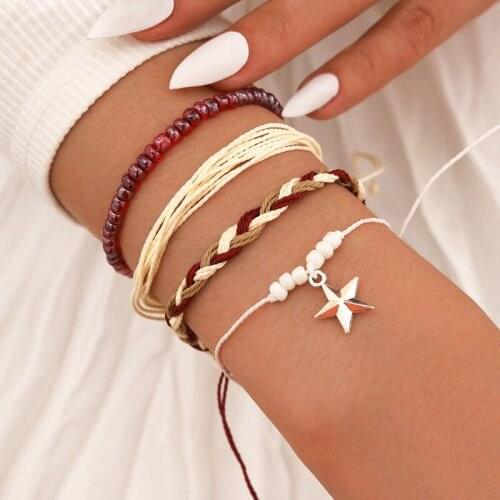 4 Pcs/Set Bohemian Fashion Beaded Rope Woven Bracelet Set Vintage Star Pendant Bracelets for Women Jewelry Gifts