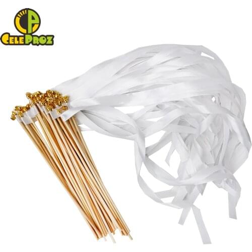 50Pcs White Lace Ribbon Wands Wedding Twirling Streamers Baby Birthday Fairy Stick With Bell Party Send off Cheer Prop Wands