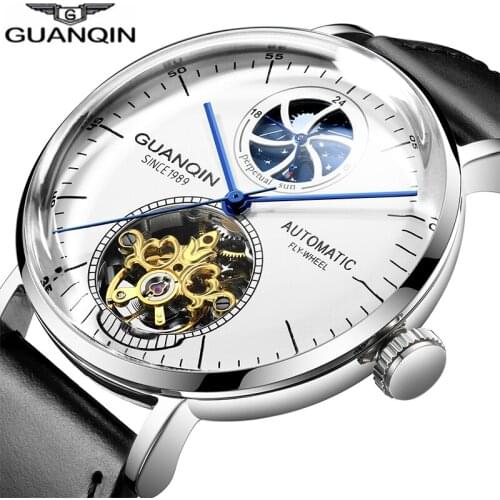 Tourbillon Skeleton watch GUANQIN High end Mechanical Watch men Moon phase 3D Curved dial Sapphire Waterproof Automatic watches